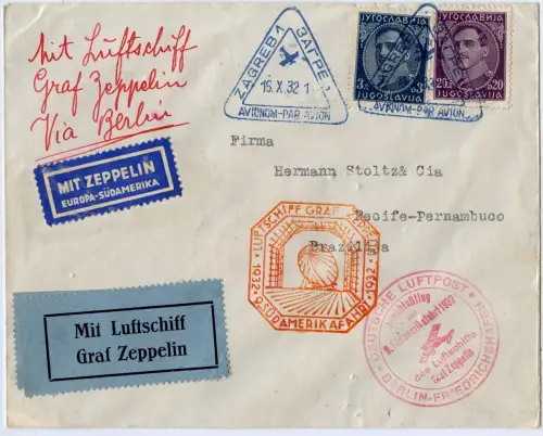 Zeppelin 1932 Jugoslawien 9. Südamerikafahrt Anschlußflug Recife Si 195 B / 2460