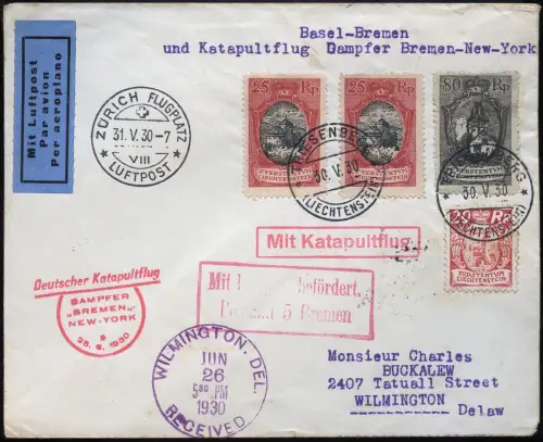Katapult 1931 Liechtenstein Brief Triesenberg Wilmington Catapult H 16 Li / 1446