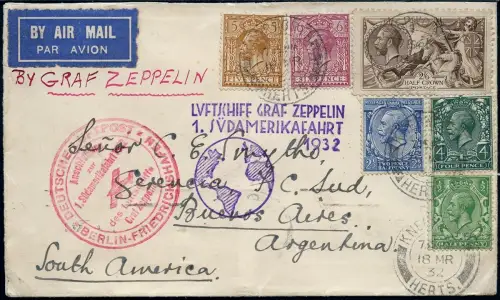 Zeppelin 1932 Großbritannien 1. SAF Brief Knebworth Argentinien Si 138 / 2213