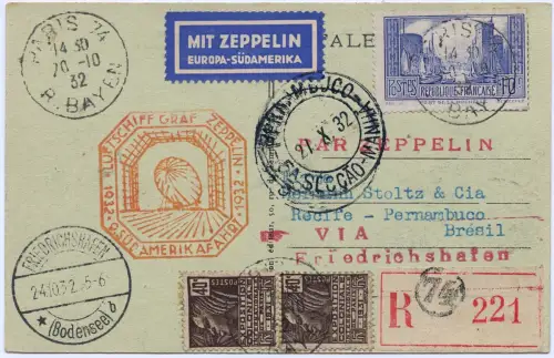 Zeppelin 1932 Frankreich 9. SAF Reko-Karte Paris F`hafen Brasilien Si 195 / 2504
