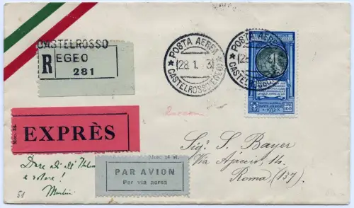 Ägäische Inseln Egeo 1933 Reko-Express Castelrosso da Vinci 100 L Rom / 1238