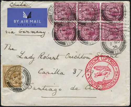 Zeppelin 1936 Großbritannien 18. SAF Brief Edingburgh Argentinien Si 445 / 2105