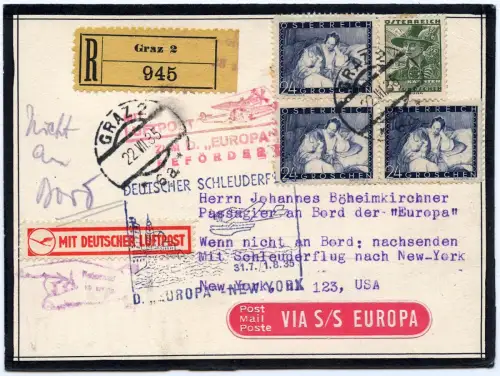 Katapult 1935 Österreich Nachbringeflug Köln New York Reko Catapult H 203 c/1416