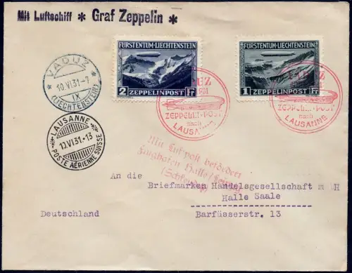 Zeppelin 1931 Liechtenstein Vaduz Lausanne Satzfrankatur Halle Si 110 C / 2319
