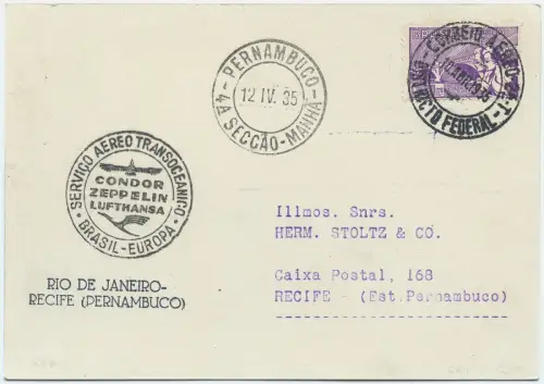 Zeppelin 1935 Brasilien 1. SAF Etappenpost Rio Recife Postkarte Si 291 E / 2579