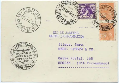 Zeppelin 1935 Brasilien 2. SAF Etappenpost Rio Recife Postkarte Si 294 E / 2580