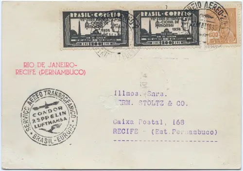 Zeppelin 1935 Brasilien 4. SAF Etappenpost Rio Recife Postkarte Si 300 E / 2584