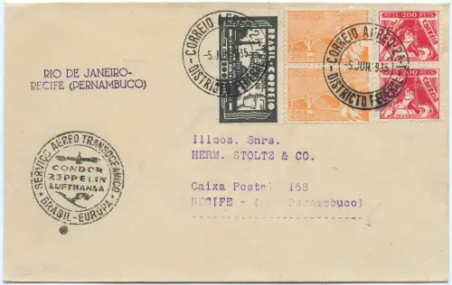 Zeppelin 1935 Brasilien 5. SAF Etappenpost Rio Recife Brief Si 303 E / 2585