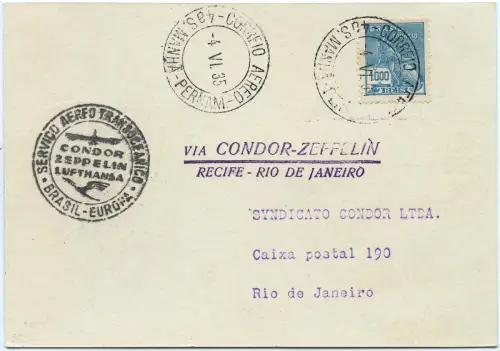 Zeppelin 1935 Brasilien 5. SAF Etappenpost Recife Rio Postkarte Si 303 D / 2586
