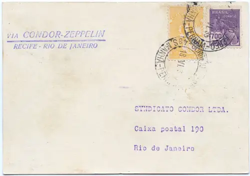 Zeppelin 1935 Brasilien 6. SAF Etappenpost Recife Rio Postkarte Si 306 D / 2587