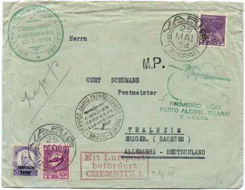 Zeppelin 1934 Brasilien 1. SAF + Erstflug VARIG Quarai Kombibrief Si 248 /2592