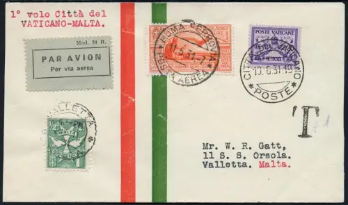 Vatikan 1931 First Flight Erstflug Brief FFC MiF Italien Rom Malta Tax/ 844