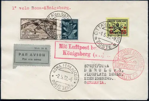 Vatikan 1932 First Flight Erstflug Brief FFC MiF Italien Rom Königsberg/842