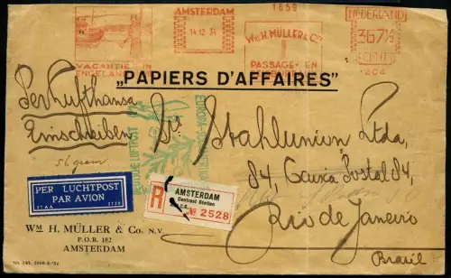 Katapult Niederlande 1934 Weihnachtsflug Schwerer Reko-Brief Rio Catapult / 290