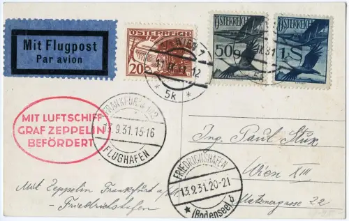 Zeppelin 1931 Österreich Öhringen Wien Frankfurt/Main F´hafen Wien Si 128 / 2493