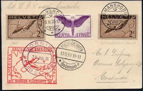 Schweiz 1931 DO-X Karte Romanshorn Rio Montevideo Uruguay Harms 11 DOX / 1036