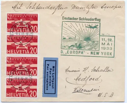 Katapult 1933 Schweiz Brief Basel Flugplatz MeF USA Catapult H 113 a / 1438