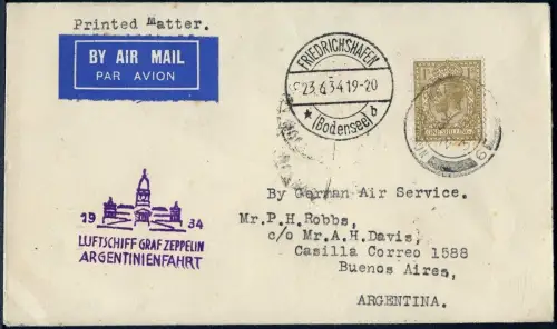 Zeppelin 1934 Großbritannien Argentinienfahrt Drucksache 1/- Brief Si 254 / 2215