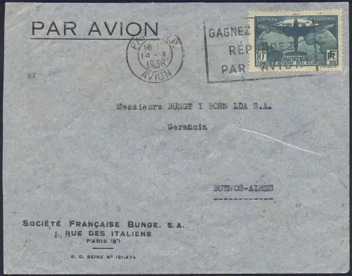 Katapult Frankreich 1936 Süd Brief EF 10 Fr Michel 327 Buenos Aires Catapult/421