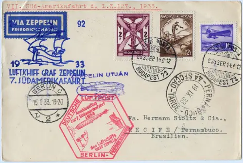 Zeppelin 1933 Ungarn 7. SAF Anschlussflug Budapest Brasilien PK Si 232 / 2495
