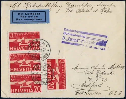 Katapult Schweiz 1932 Brief Basel MeF Medford USA Catapult H 77 / 534