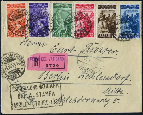 Vatikan 1935 Reko-Brief Juristen 45-50 kpl Briefmarkenausstellung Berlin / 888