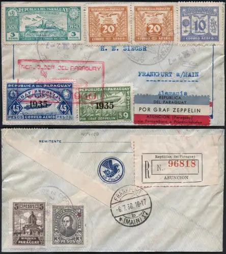 Zeppelin 1936 Paraguay 7. SAF Reko-Brief 45 Pesos Frankfurt/Main Si 356 / 2236
