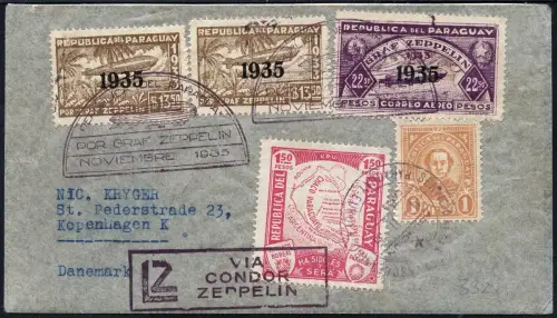 Zeppelin 1935 Paraguay 16. SAF 1. Pendelfahrt Reko-Brief Dänemark Si 332 / 2230