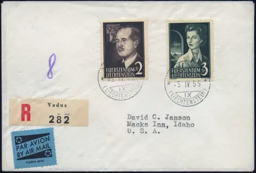 Liechtenstein 1955 Reko-FDC Fürstenpaar 332-333 Macks Inn Idaho USA / 1450