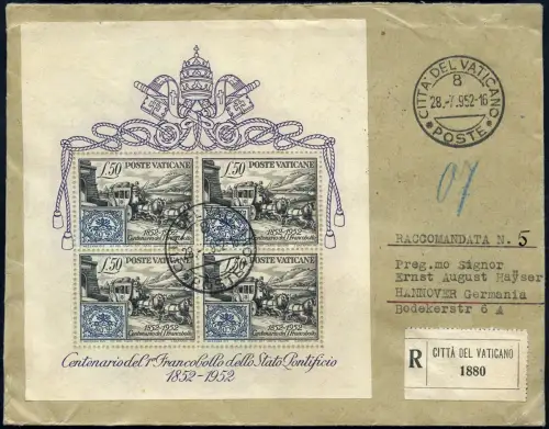 Vatikan 1952 Block 1 Reko-Brief 28.7.52 nach Hannover Ankunftsstempel / 858