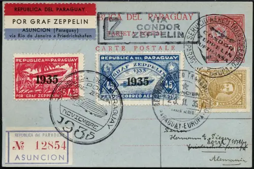 Zeppelin 1935 Paraguay 16. SAF 3. Pendelfahrt Reko-Karte Lorch Si 338 / 2232