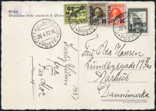 Vatikan 1937 Ansichtskarte Porto 4-6/Aufdrucke MiF Aarhus Dänemark RAR / 900