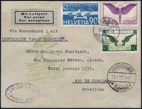 Zeppelin 1932 Schweiz 6. SAF Brief Basel F`hafen Rio Brasilien Si 177 / 2132