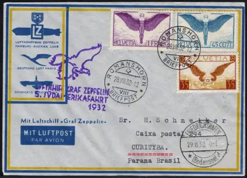 Zeppelin 1932 Schweiz 5. SAF Brief Romanshorn Curitiba Brasilien Si 171 / 2130