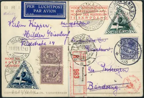 Niederlande 1933 Erstflugkarte Doppel-Reko Niederländisch-Indien Deutschland/ 40