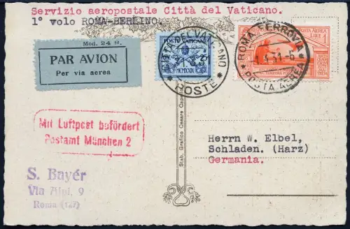 Vatikan 1931 Erstflugkarte First Flight Card FFC MiF Italien Rom Berlin / 838