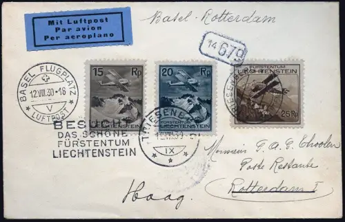 Liechtenstein 1930 Flugpost-Brief 108-110 Triesenberg Rotterdam Ersttag FDC/1456
