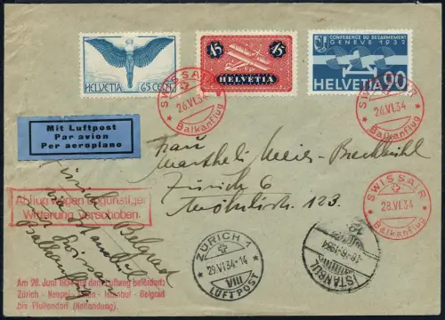 Schweiz 1934 Balkanflug Zürich Istanbul Swissair Verzögerungsstempel Brief / 567