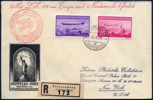 Zeppelin 1936 Liechtenstein 1. NAF Satzfrankatur Reko-Brief USA Si 408 A/B /2424