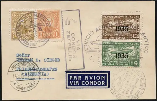 Zeppelin 1935 Paraguay 3. SAF Reko-Postkarte Asuncion F´hafen Si 298 / 2143