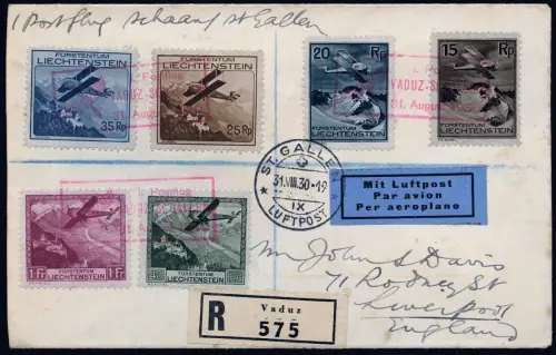 Liechtenstein 1930 First Flight Erstflugbrief 108-113 St. Gallen England / 1453