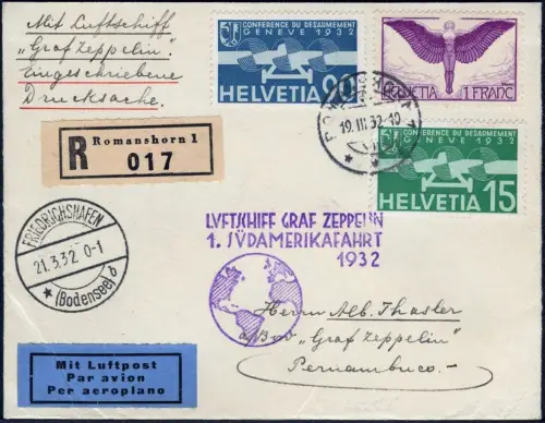 Zeppelin 1932 Schweiz 1. SAF Brief Romanshorn F`hafen Pernambuco Si 138 / 2124