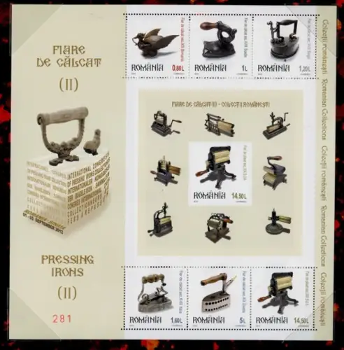 Rumänien Romania 2012 Hist. Bügeleisen Pressing Iron Block im Folder Auflage 500