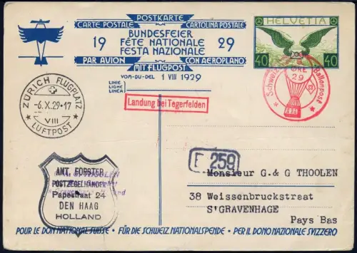 Schweiz 1929 Bundesfeier-PK Ballonpost Tegerfelden S`Gravenhage Niederlande/ 557