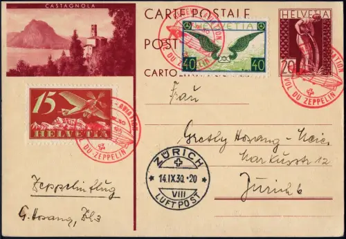 Zeppelin 1930 Schweiz Landungsfahrt Genf Ganzsache ZuF  Zürich Si 95 / 2116