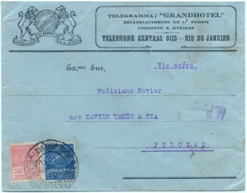 Condor 1929 Brasilien Hotel-Brief Rio de Janeiro MiF 2300 R nach Pelotas / 1521