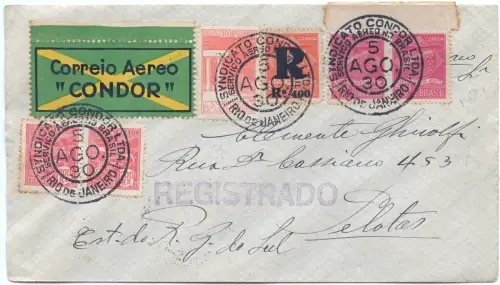 Condor 1930 Brasilien Reko-Brief MiF C 8 Rio de Janeiro nach Pelotas / 1523