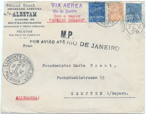 Condor 1929 Brasilien Firmenbrief MiF Pelotas Rio de Janeiro Kempten / 1532
