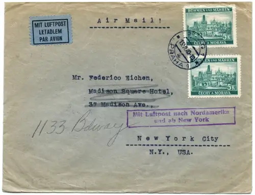 Böhmen & Mähren 1940 Flugpostbrief Clipper Prag New York USA OKW Zensur / 1536