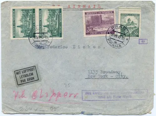 Böhmen & Mähren 1940 Flugpostbrief Clipper Prag New York USA OKW Zensur / 1537